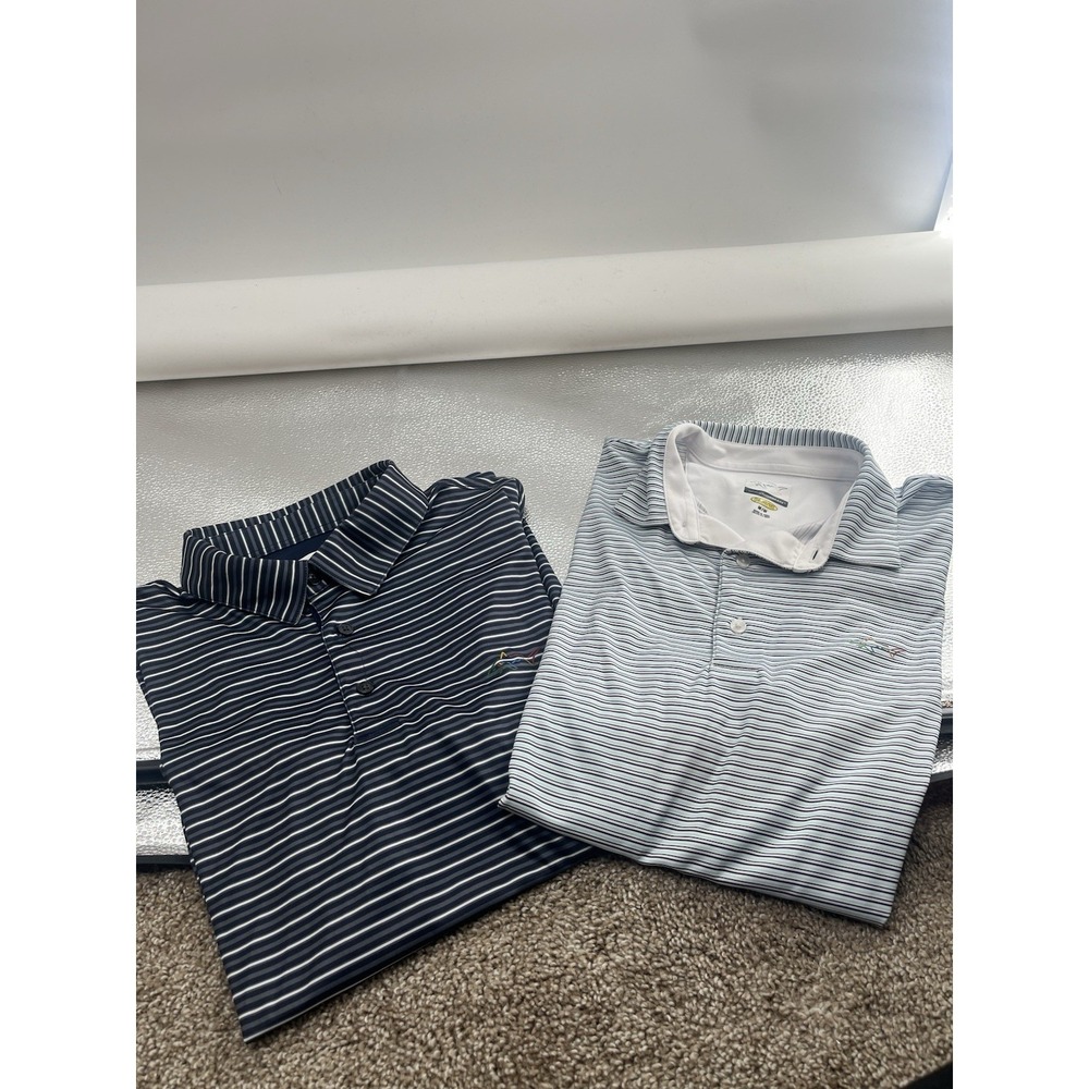 Lot of 2 Greg Norman M Polo Shirts Mens Play Dry Shark Logo Geometric Striped